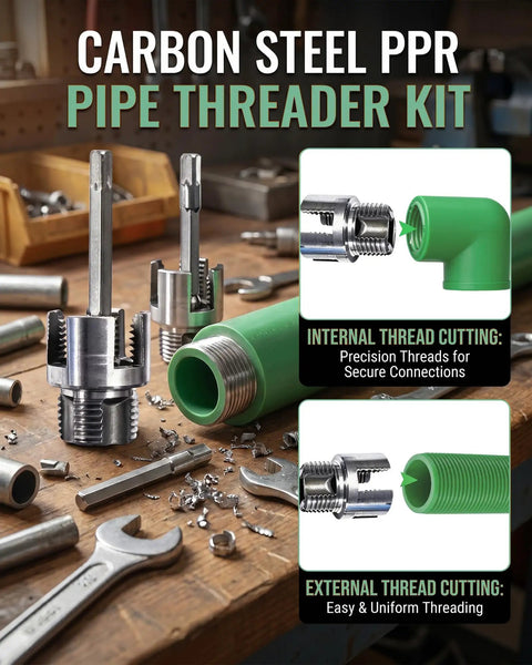 Heavy Duty Water Pipe Wrench Dual Function Threading Tool For 1/2 And 3/4 Inch Non Metallic Pipes shown with tools and PVC fittings.
