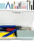 All In One Handy Hobby Model Building Tools Kit With Plastic Case For Beginners, precision tweezers, files, and tools displayed