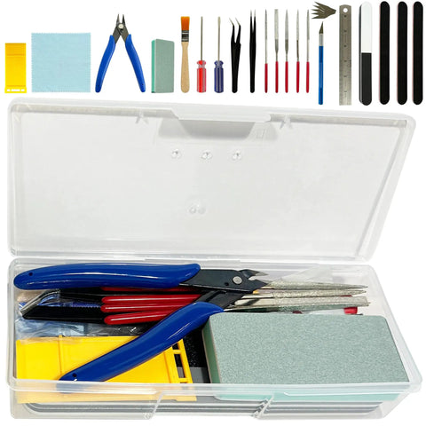All In One Handy Hobby Model Building Tools Kit With Plastic Case For Beginners, precision tweezers, files, and tools displayed