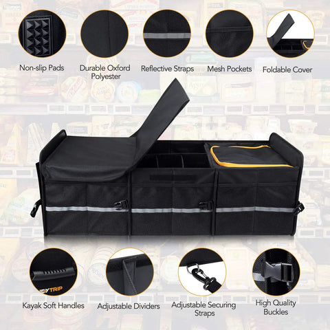 Large Trunk Organizer With Built In Leakproof Cooler Bag 2 Tie Down Straps 4 Removable Dividers Foldable Cover 2mm PE Board 600D Oxford