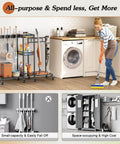 Three In One Broom Holder With Cleaning Supplies Organizer in laundry room, compact design with mop and vacuum storage.