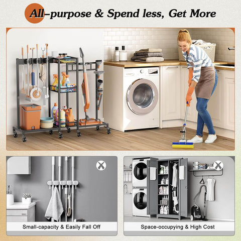 Three In One Broom Holder With Cleaning Supplies Organizer in laundry room, compact design with mop and vacuum storage.