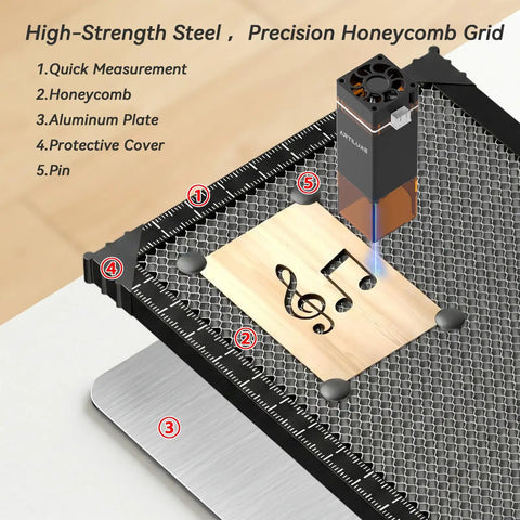 Honeycomb Laser Bed 15.7x11.8 Inch 400x300mm For Laser Engravers with measuring scale, engraving a musical note pattern on wood.