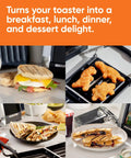 Revolution Toastie Press fits any toaster with various meal options like grilled cheese and quesadillas laid out.