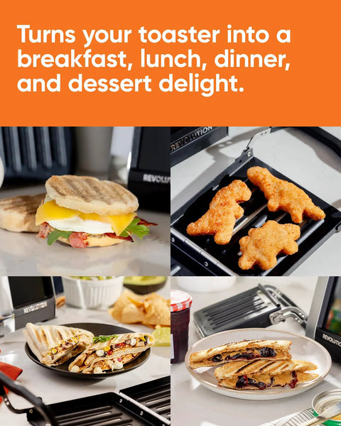 Revolution Toastie Press fits any toaster with various meal options like grilled cheese and quesadillas laid out.