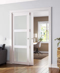 Double Frosted Glass Sliding Barn Door Kit For Closets, 72 By 80 Inches, installed with 3-Panel Privacy Glass, modern white MDF frame.