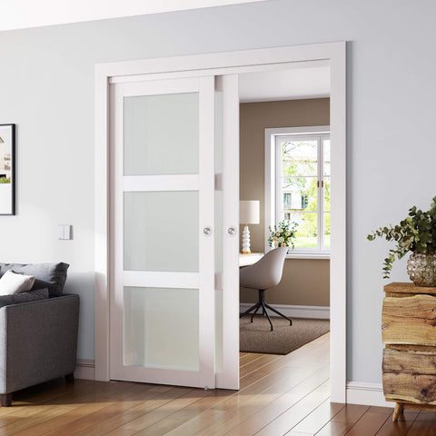 Double Frosted Glass Sliding Barn Door Kit For Closets, 72 By 80 Inches, installed with 3-Panel Privacy Glass, modern white MDF frame.