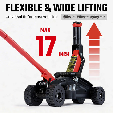 4400 Lb Hydraulic Off Road Floor Jack With Big Wheels For Trucks SUVs And ATVs, Dual Piston Quick Lift shown at max lift height