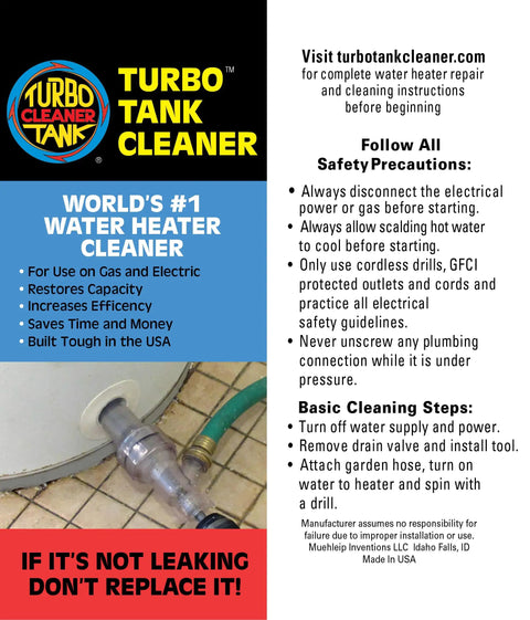 Tank Cleaner Water Heater Tool For Quick Flush And Sediment Removal, cleaning instructions and safety precautions displayed.