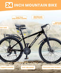 Kids 24 Inch Mountain Bike With Front Suspension, 21 Speed Drivetrain, Dual Disc Brakes, Rear Rack, Internal Cable Routing, Sturdy Carbon Steel Frame, All Terrain Ride For Boys And Girls, Black on display with labeled features.