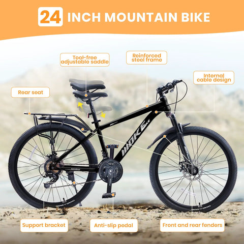 Kids 24 Inch Mountain Bike With Front Suspension, 21 Speed Drivetrain, Dual Disc Brakes, Rear Rack, Internal Cable Routing, Sturdy Carbon Steel Frame, All Terrain Ride For Boys And Girls, Black on display with labeled features.