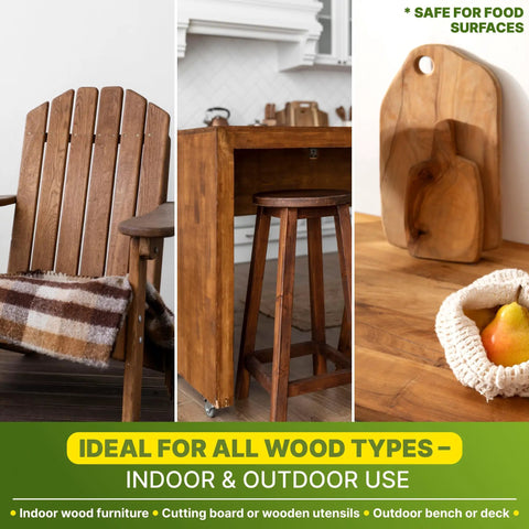 Pure Linseed Oil For Wood 100 Percent Natural And Food Safe For Indoor Furniture Care with wood chair, table, and cutting board