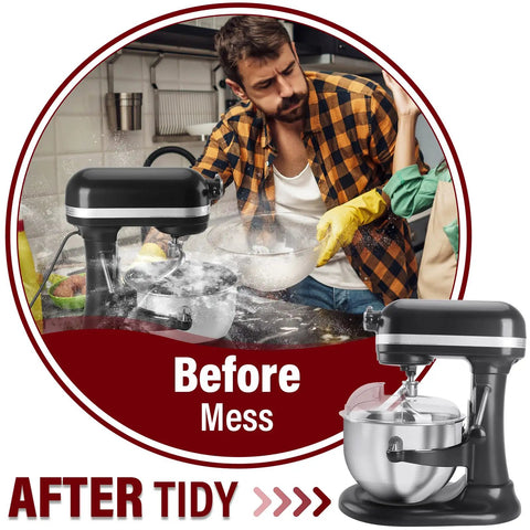 Full Wrap-Around Pouring Shield For Stand Mixers 6-7 Qt, Stainless Steel Splatter Guard in kitchen before and after use