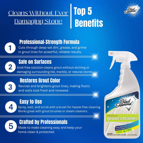 Ultimate Grout Cleaner For Tile Floors Acid Free Formula Deep Clean Removes Grease Dirt and product benefits listed.