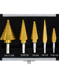 Step drill bit set, 5 titanium-coated HSS bits, sizes 1/16"–1-3/8", for metal, aluminum, wood and plastic.