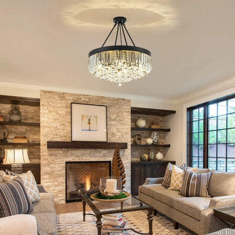 Black 9 Light Crystal Chandelier Modern Semi Flush Ceiling Light Fixture For Entryway Bedroom Living Room Dining Area Kitchen