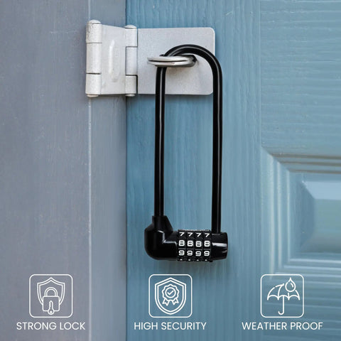 Long Shackle Padlock With Resettable Combination for outdoor gates, fences, doors, bicycles, sheds; weatherproof, heavy duty gate lock; attached to door.