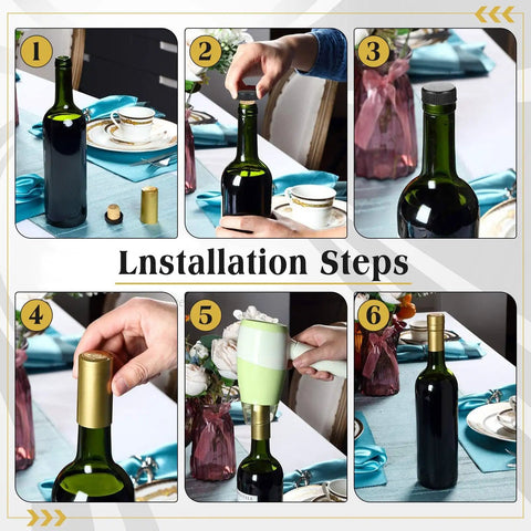 Installation steps for 100 Pack Black Wine Bottle Sealers With Solid Airtight Plastic Cork Tops And Quick Squeeze Grip Caps.
