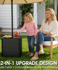 Outdoor Umbrella Side Table With Hole 2 In 1 Square Patio Table For Poolside And Deck Includes 15.9 Gallon Fillable Base Fits Up To 1.5 Inch Pole Matte Black Space Saving Durable And Easy To Set Up in garden setting with woman and child