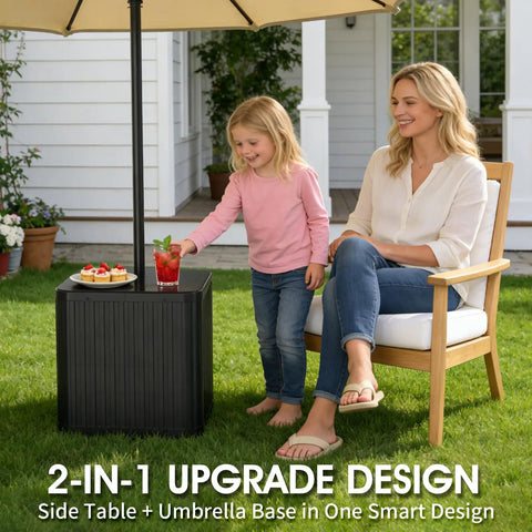 Outdoor Umbrella Side Table With Hole 2 In 1 Square Patio Table For Poolside And Deck Includes 15.9 Gallon Fillable Base Fits Up To 1.5 Inch Pole Matte Black Space Saving Durable And Easy To Set Up in garden setting with woman and child