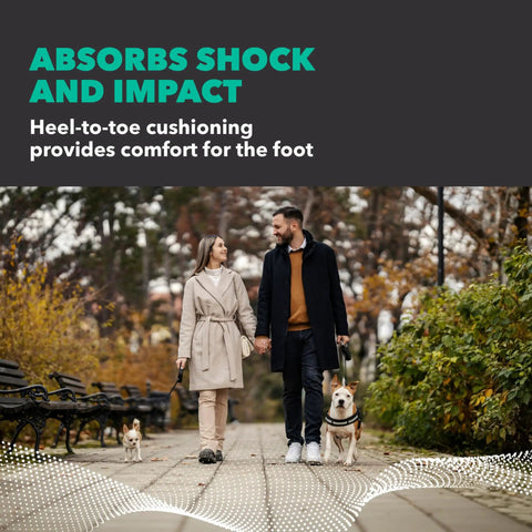 Couple walking comfortably with dogs, illustrating Rx Comfort Thin Lightweight Orthotic Insole With Spencore Cushioning benefits.