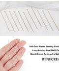 Real 18K Gold Plated Flat Head Pins, 21 Gauge, 2 Inch Long Brass Eye Pins For Earring Jewelry Making, Pack Of 100, Durable, Lightweight, Shiny Gold Tone Craft Findings For Crafting, shown on hand and laid out