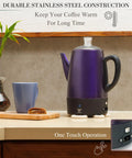 10 Cup Purple Percolator Coffee Pot Electric Stainless Steel With Keep Warm Function on kitchen counter