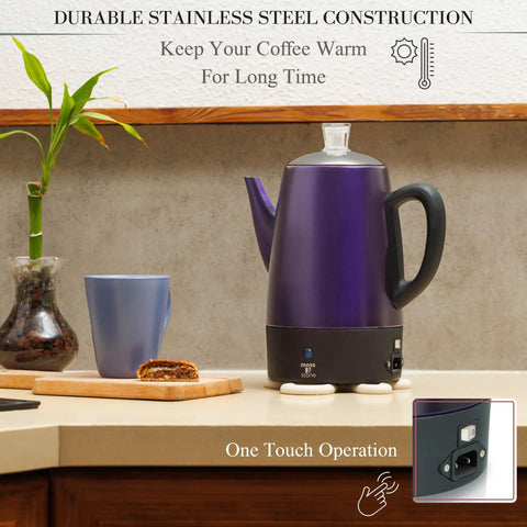 10 Cup Purple Percolator Coffee Pot Electric Stainless Steel With Keep Warm Function on kitchen counter