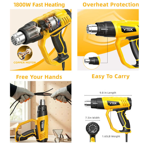 Heavy Duty 1800W Heat Gun With Quick Heating Adjustable 140°F To 1202°F Thermostat, 3 Speed Airflow, ergonomic design