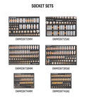 Socket sets from 791 Piece Master Mechanics Tool Set With Premium Modular Foam Trays And GSX Mobile Tool Storage For Easy Organizing.