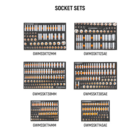 Socket sets from 791 Piece Master Mechanics Tool Set With Premium Modular Foam Trays And GSX Mobile Tool Storage For Easy Organizing.
