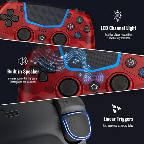 Wireless Controller For PS5 And PC With Hall Effect Joysticks LED Channel Light Turbo 6 Axis Gyro Dual Motors Touchpad 3.5mm Audio Jack And Built In Speaker Bluetooth Gaming Pad Compatible With Pro Slim And Original Dock Camo Red, highlighting LED light and built-in speaker features