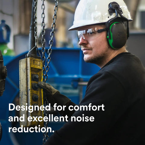 Worker wearing white hard hat with Cap Style Hard Hat Attachment Ear Muffs X Series X1P3E With 21 Db NRR in industrial setting