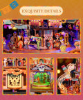 DIY Wooden Music Box Puzzle Kit with colorful Day of the Dead skeleton figures and detailed 3D model building design.