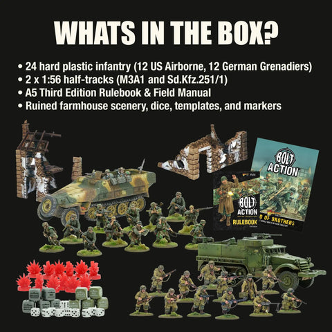 Bolt Action Band of Brothers Starter Set 28mm War Game Bundle With US Airborne And German Grenadiers Half Tracks Dice Guidebook
