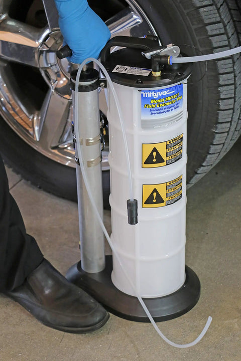2.3 Gallon Fluid Evacuator And Dispensing Pump With Push Button Operation For Auto Maintenance And Shop Pros, Chemical Resistant Polyethylene, Automatic Overflow Prevention, Quick Drain Spout, Large Stable Base