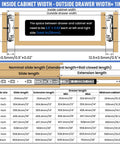 Diagram showing the installation dimensions for 10 Inch Drawer Slides 2 Pairs Black Full Extension Ball Bearing 3 Fold Metal Dresser Runners.