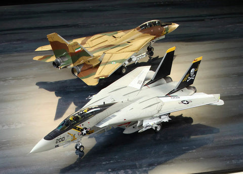 1 To 48 Scale Grumman F-14A Tomcat Model Kit For Builders Who Love DIY Airplane Builds Highly Detailed Plastic Parts Collectible Fighter Jet Kit With Realistic Cockpit Ideal Gift For Scale Model Fans two assembled models on display