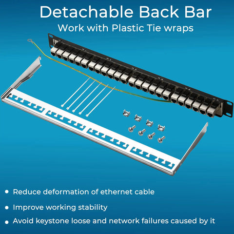 24 Port Cat6A Patch Panel With Inline Keystone 10G Support STP Shielded 19 Inch 1U Network Panel with detachable back bar for stability