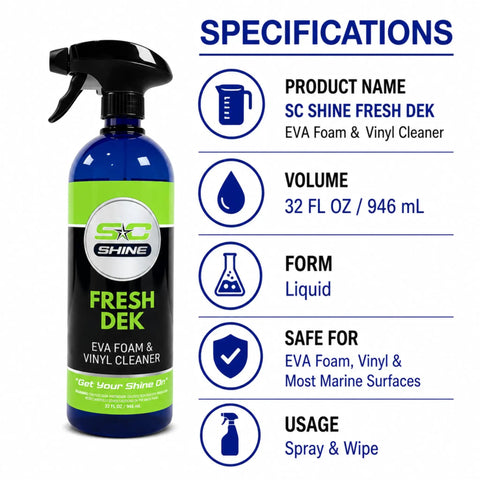 SC Shine Fresh Dek EVA Foam Cleaner For Marine Decks And Non Slip Floors, 32 fl oz spray bottle next to product specifications.