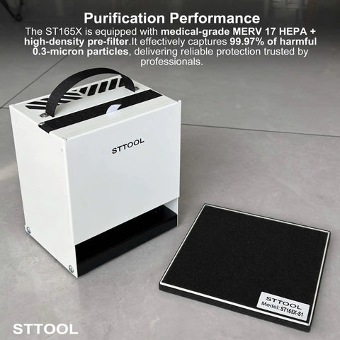 Upgraded Solder Fume Extractor With High Suction And HEPA Filtration Portable Smoke Purifier shown with filter on floor