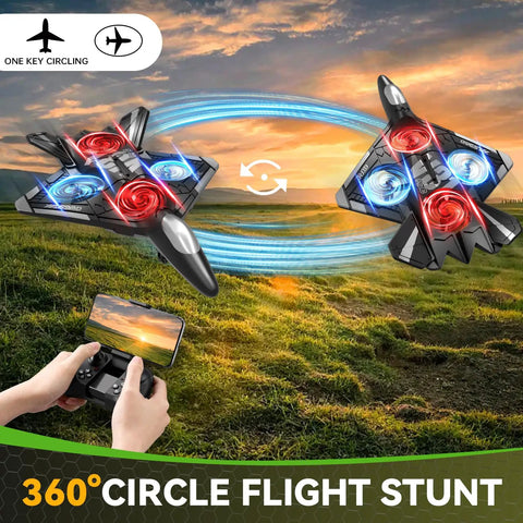 Dope Camera Equipped RC Plane With Light For Kids And Adults Foam Drones showcasing 360 Degree Flip Stunts in a scenic outdoor setting.