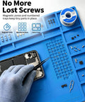 Premium Grade All Purpose Silicone Soldering Mat Delivers Heavy Duty Heat Blocking Up To 932 Degrees Fahrenheit For Zero Drama Phone Pc Circuit Board Repair Setup, blue, with magnetic zones and tweezers.