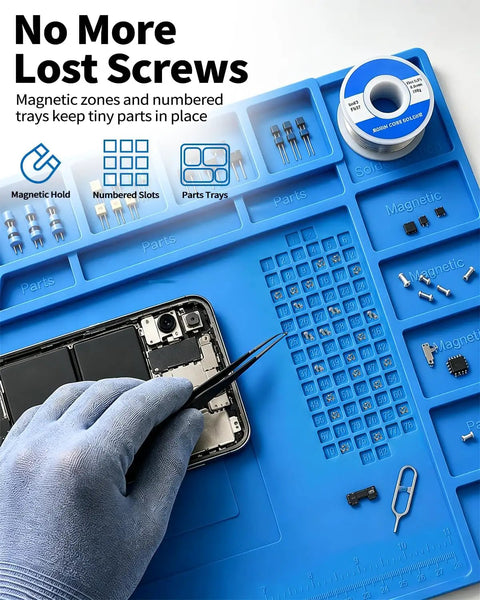 Premium Grade All Purpose Silicone Soldering Mat Delivers Heavy Duty Heat Blocking Up To 932 Degrees Fahrenheit For Zero Drama Phone Pc Circuit Board Repair Setup, blue, with magnetic zones and tweezers.