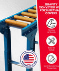 Heavy-Duty Gravity Conveyor With Poly-Coated 10 Inch Rollers, 12 Inch Width 5 Foot Length Galvanized Steel Table Saw Track System close-up view.