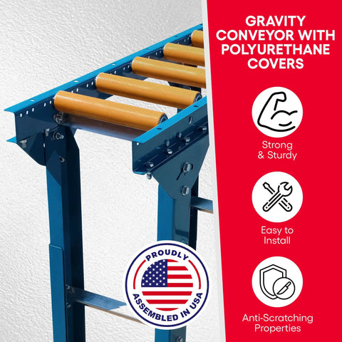Heavy-Duty Gravity Conveyor With Poly-Coated 10 Inch Rollers, 12 Inch Width 5 Foot Length Galvanized Steel Table Saw Track System close-up view.