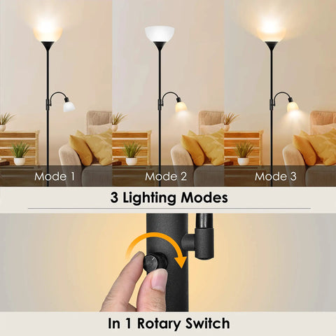 Tall Torchiere Floor Lamp With Adjustable Reading Light, 71-Inch Tall Pole, 3-way Switch showing lighting modes in living room