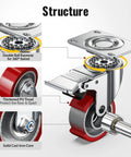 Detailed structure of Heavy Duty 3 Inch Caster Wheels Set Of 4 With Thick Steel Brackets And Total Lock Brakes Rated Up To 1410 Lbs Capacity.