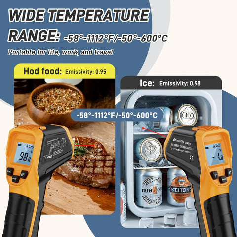 Infrared Thermometer Laser Temp Gun With Calibration measuring hot food and ice, adjustable emissivity, yellow