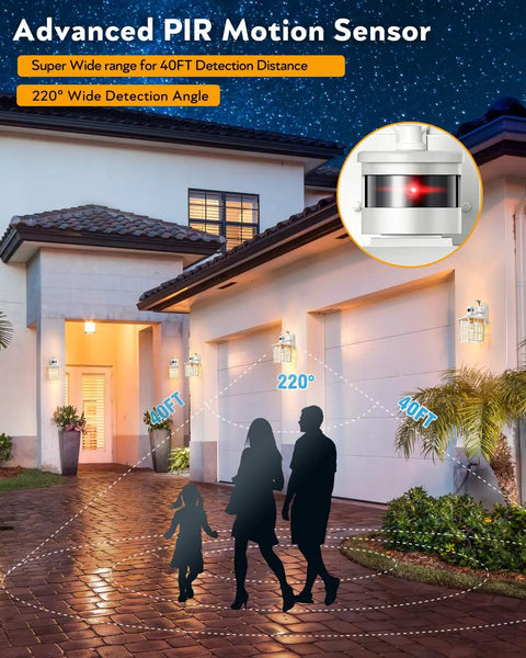 White Motion Sensor Outdoor Porch Light Wall Mount for House on modern garage exterior showing 220° detection angle
